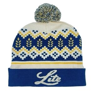 New - Miller Lite Holiday Knit Beanie - Navy, Yellow, Cream
